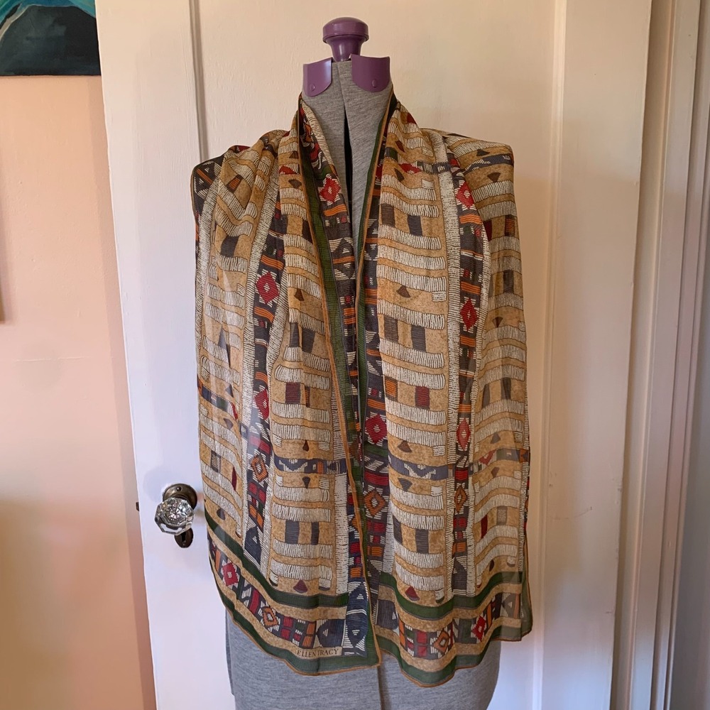 Ellen Tracy Scarf Geometric Tribal Print Earth Tones Sheer Green Tan 60x15"